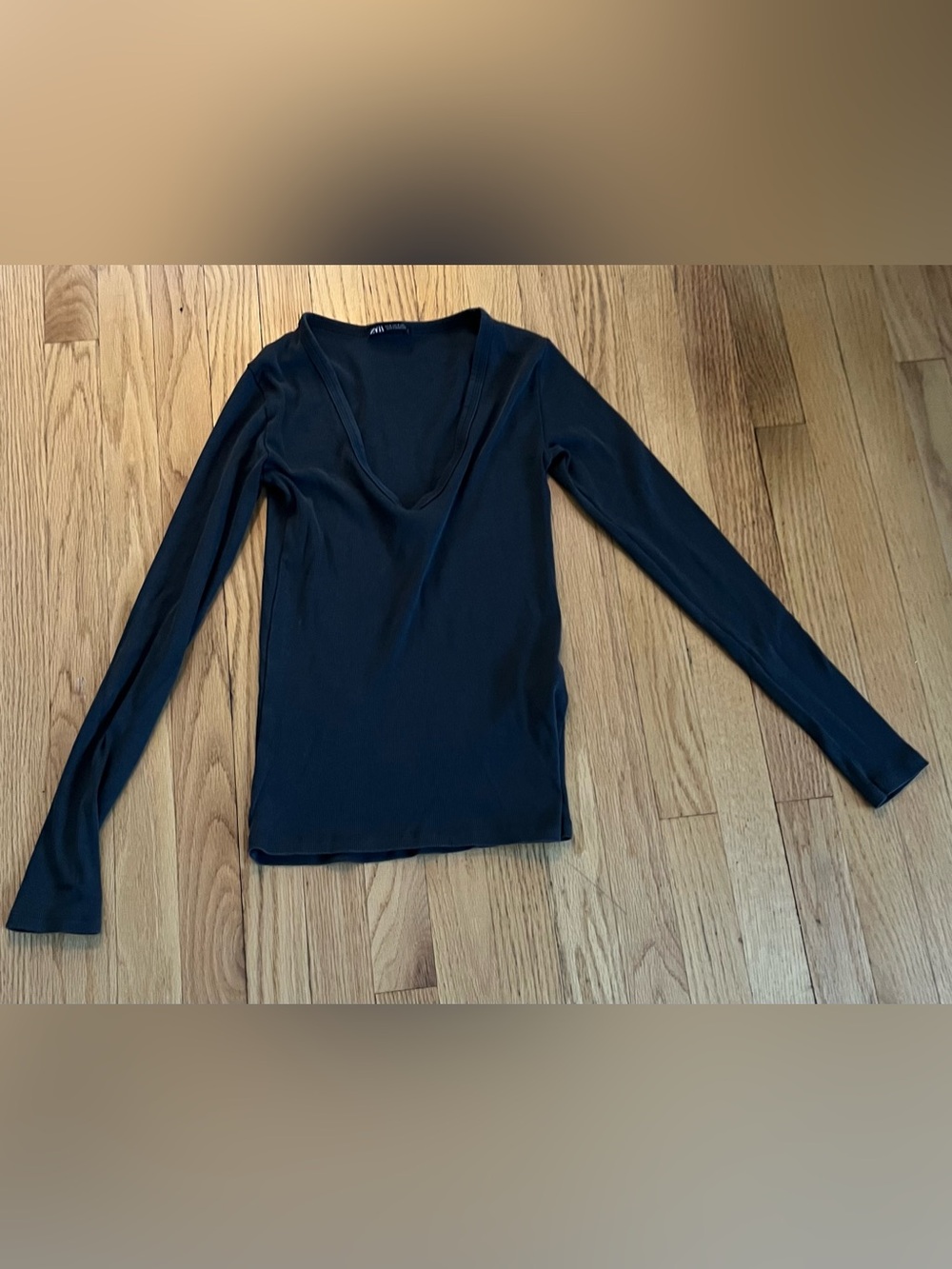Zara Deep V-Neck Ribbed Long-Sleeve Brown Top